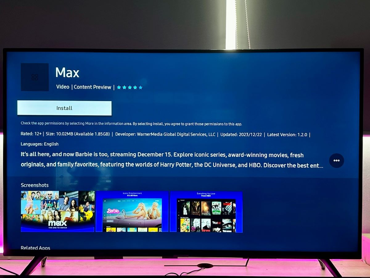 install the max app option is highlighted on a smasung tv