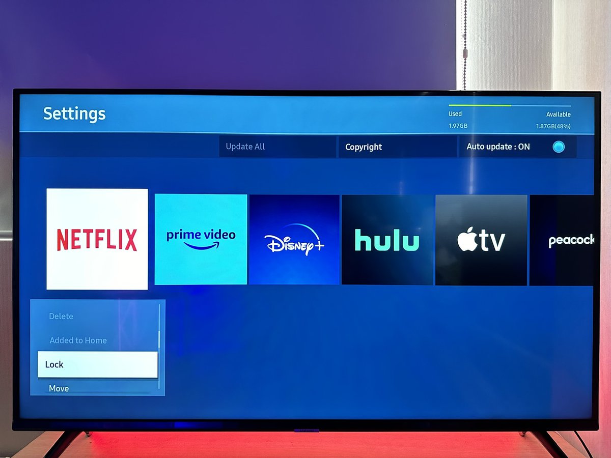 lock netflix app option is highlighted on a samsung tv