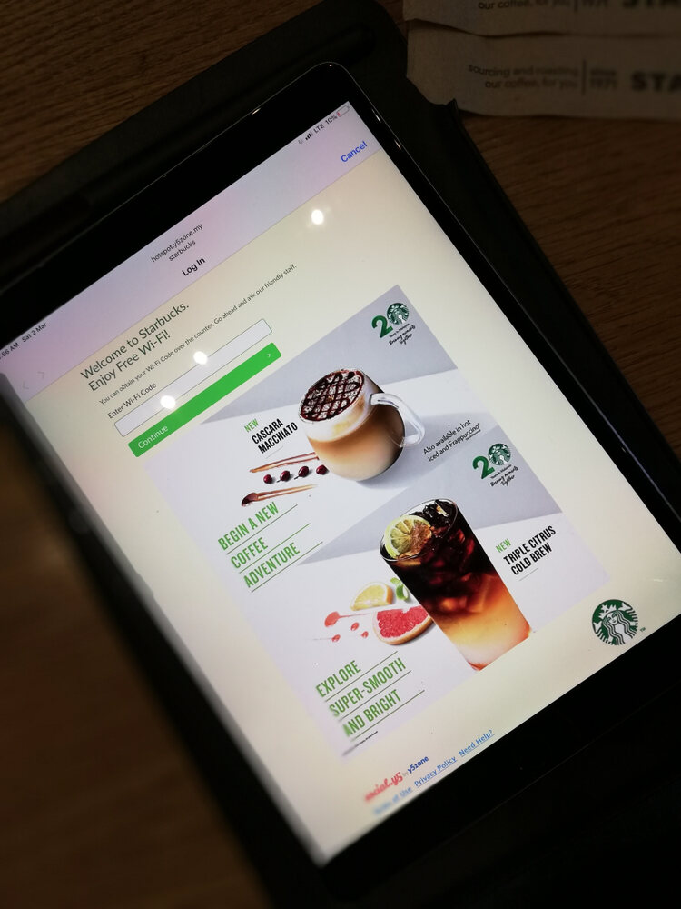 login page of Starbucks wifi on a tablet screen