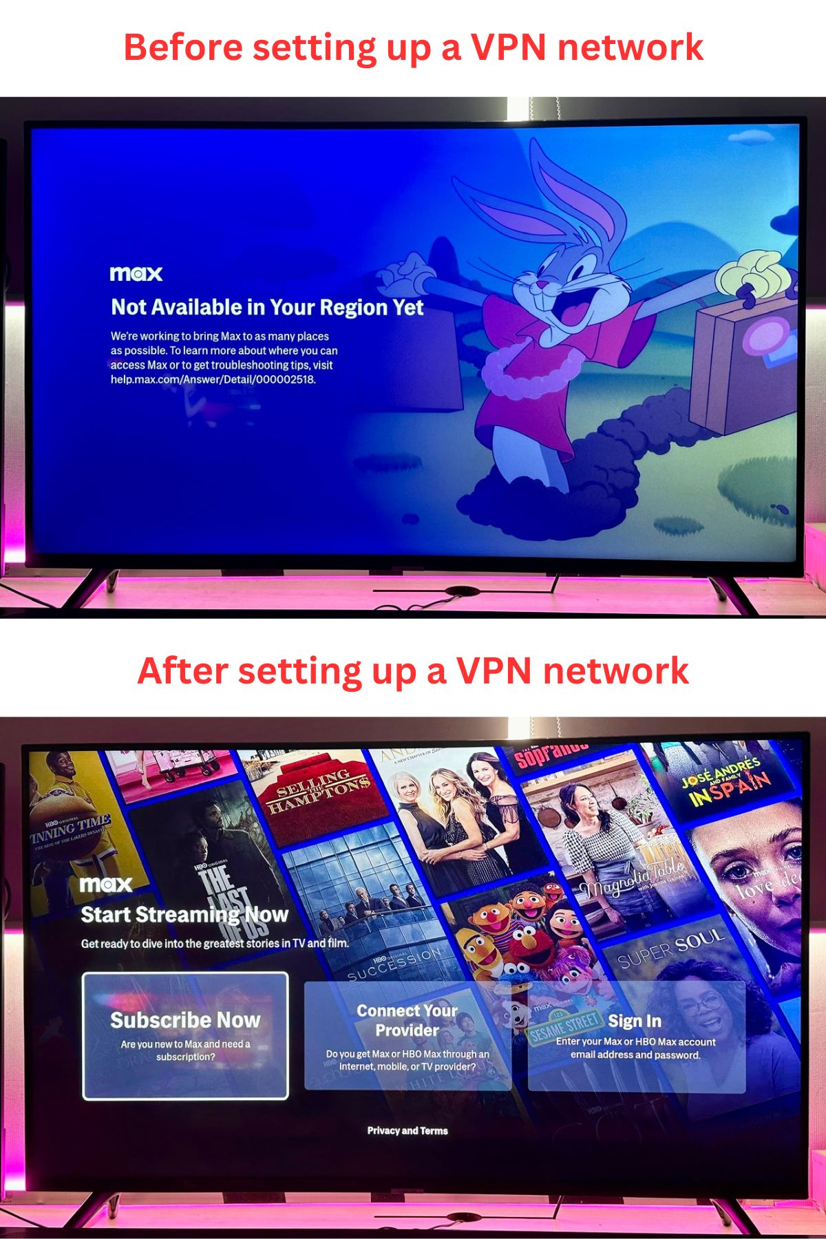 max app shows different screens before and after setting up a vpn network