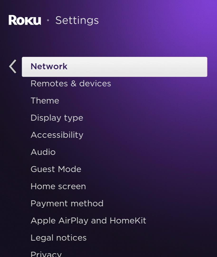 network option is highlighted on a roku