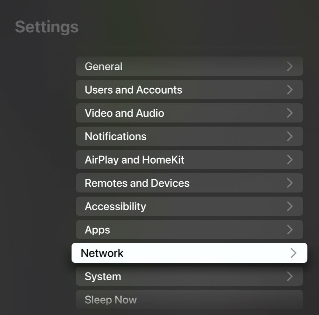 network option is highlighted on an apple tv