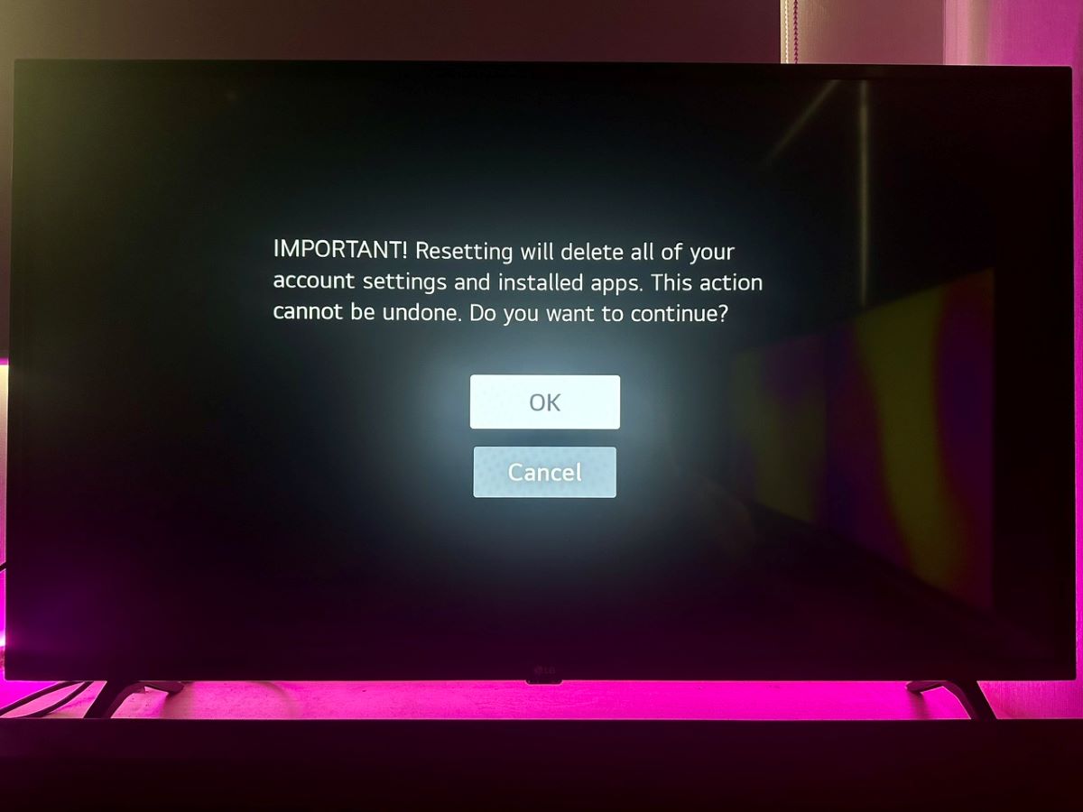 ok option to factory reset an lg tv is highlighted