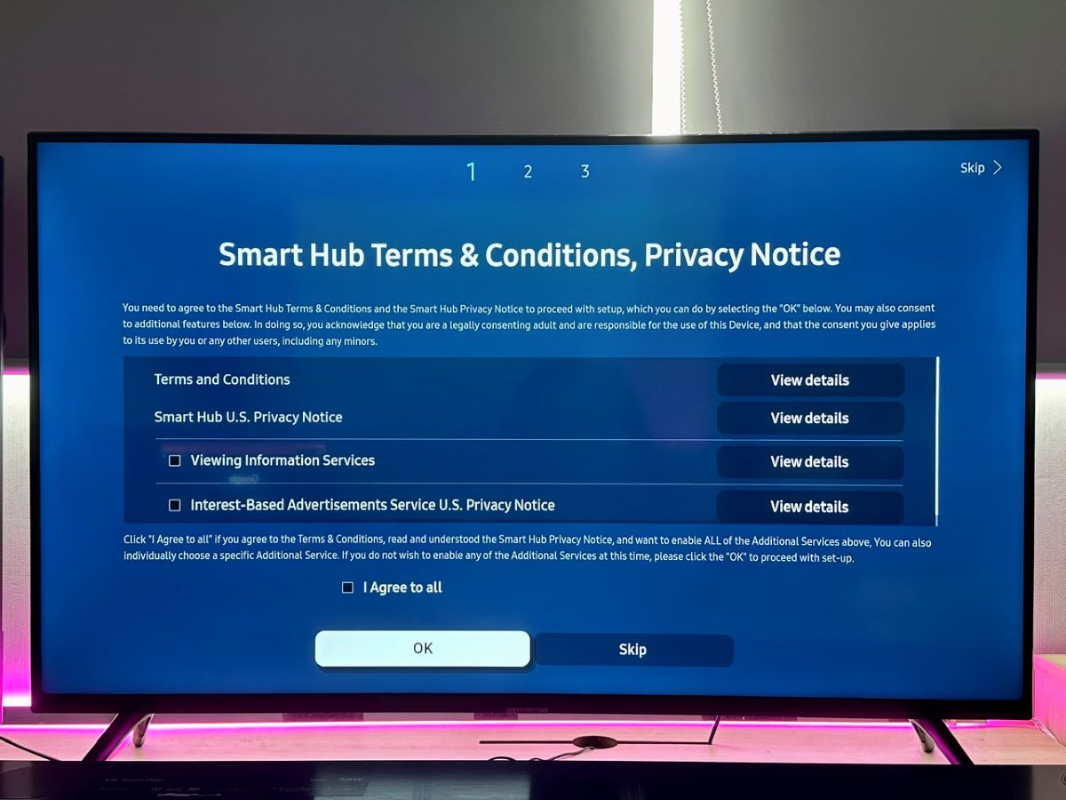 ok to samsung policies option is highlighted on a smasung tv