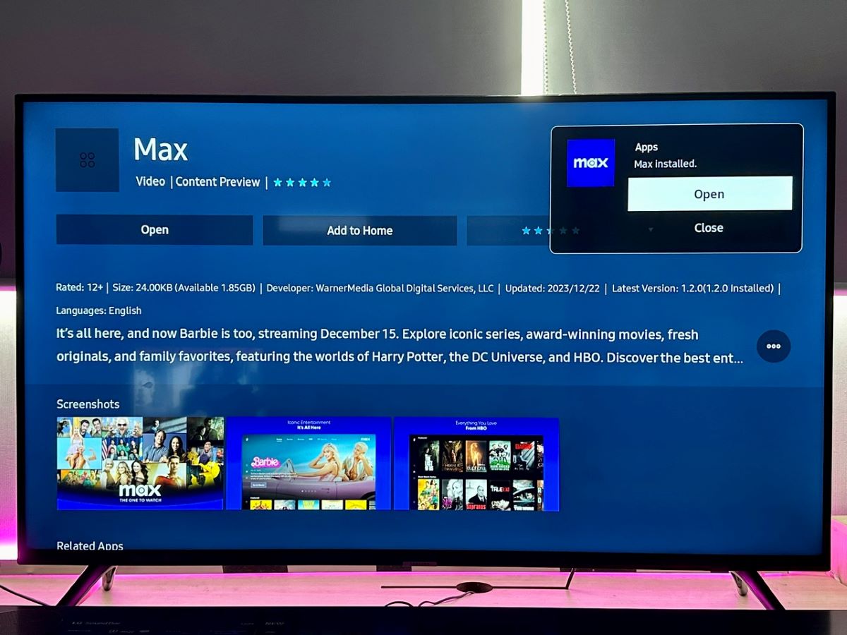 open the max app option is highlighted on a smasung tv