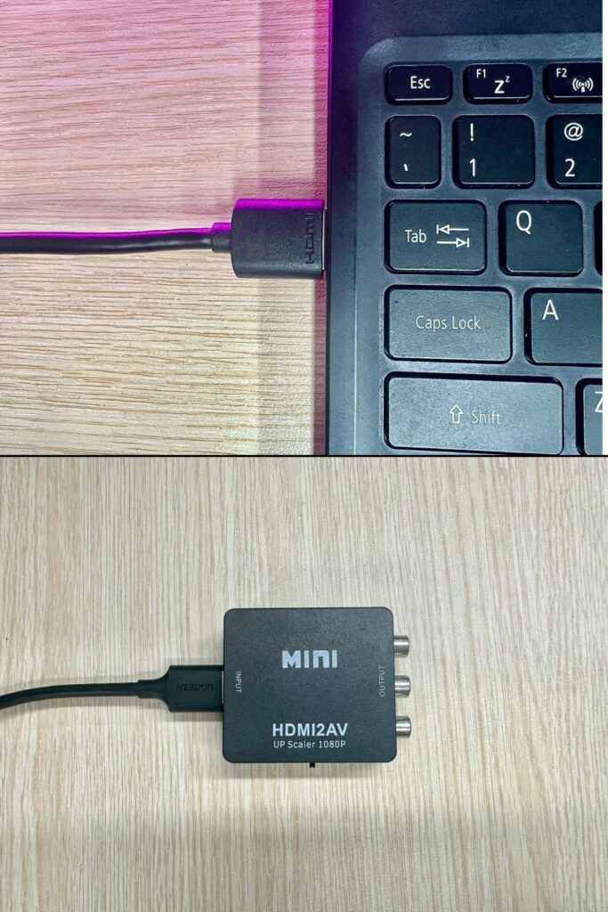 plug an hdmi cable into hdmi ports of a laptop and an hdmi-to-rca adapter (1)