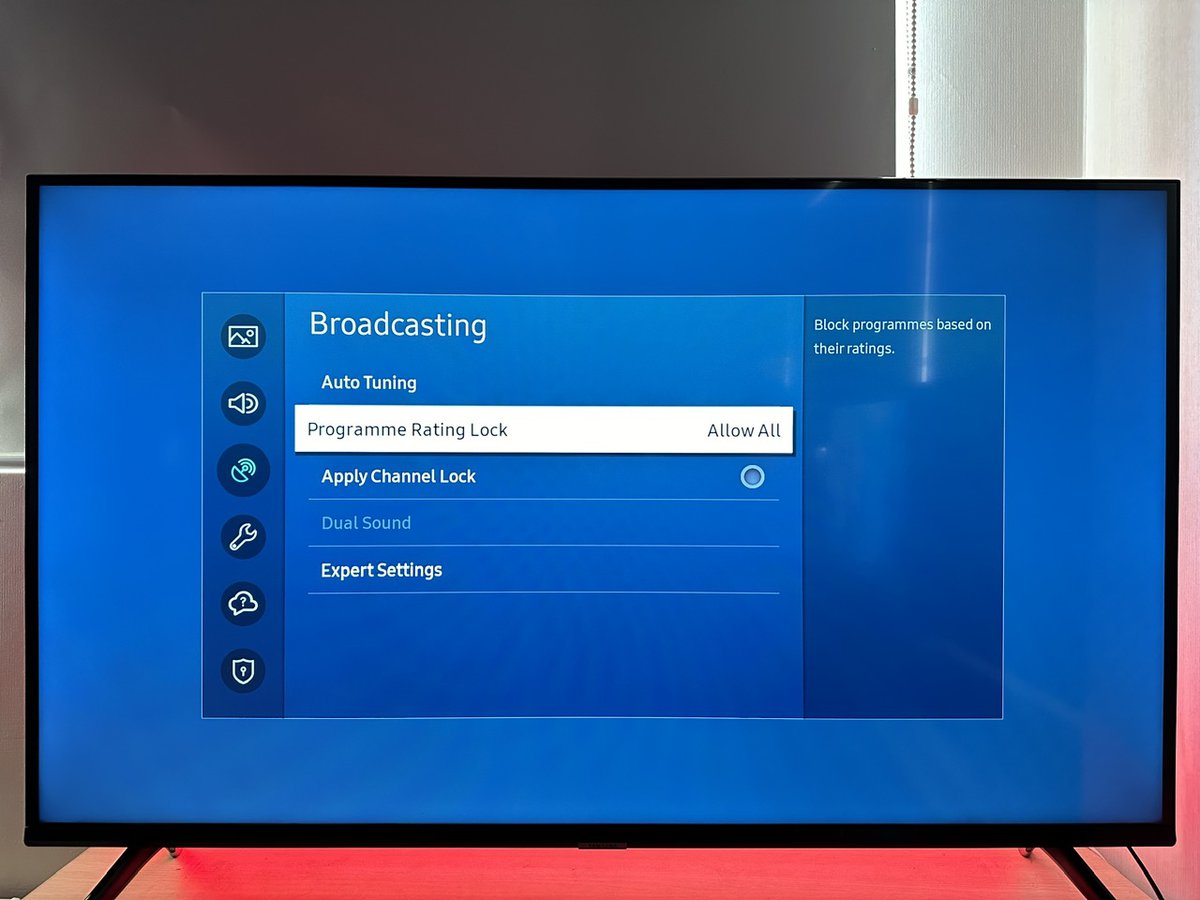 programme rating lock option is highlighted on a samsung tv