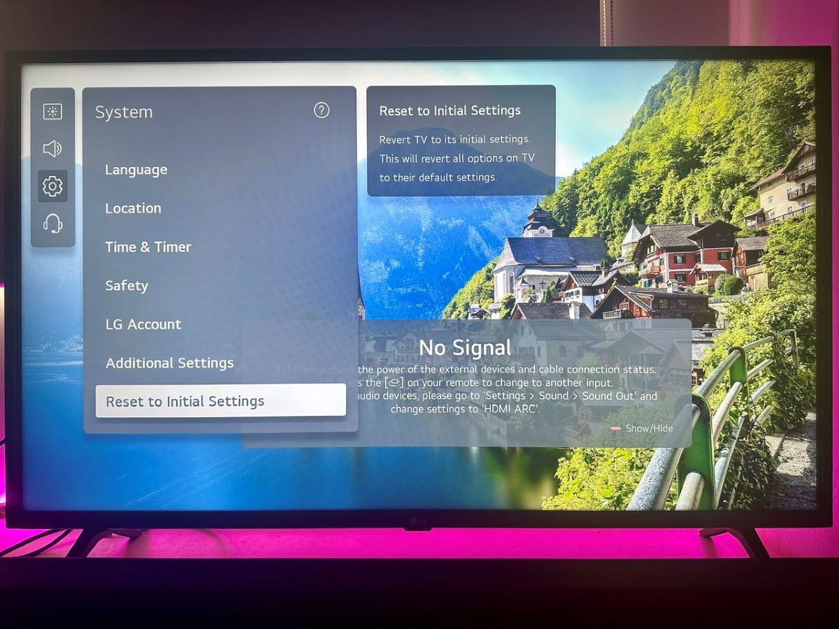 reset to initial settings option is highlighted on an lg tv