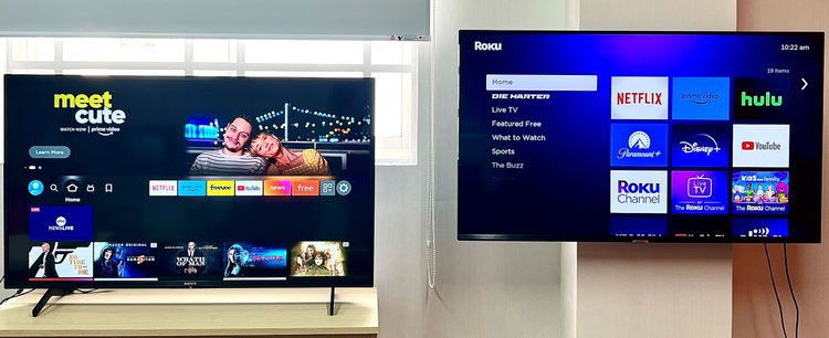 roku interface shown on a samsung tv on the right, fire tv interface shown on a sony tv on the left