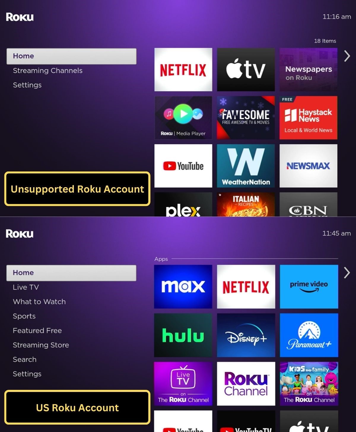 roku screens when using unsupported and us accounts