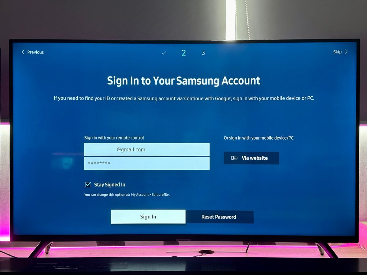 samsung account sign-in screen on a samsung tv