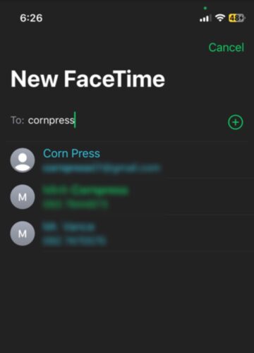search for Cornpress contact in the New FaceTime setup screen