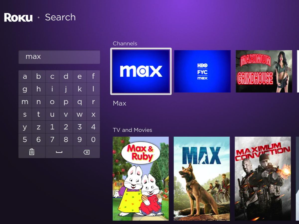 search for max app on a roku