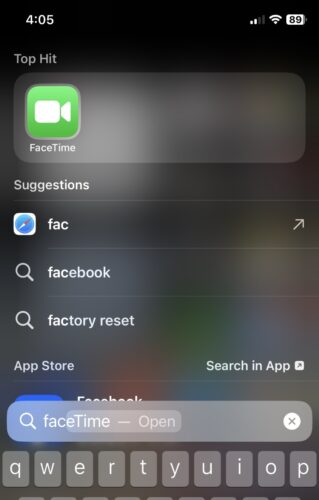 search for the FaceTime app on the iPhone screen