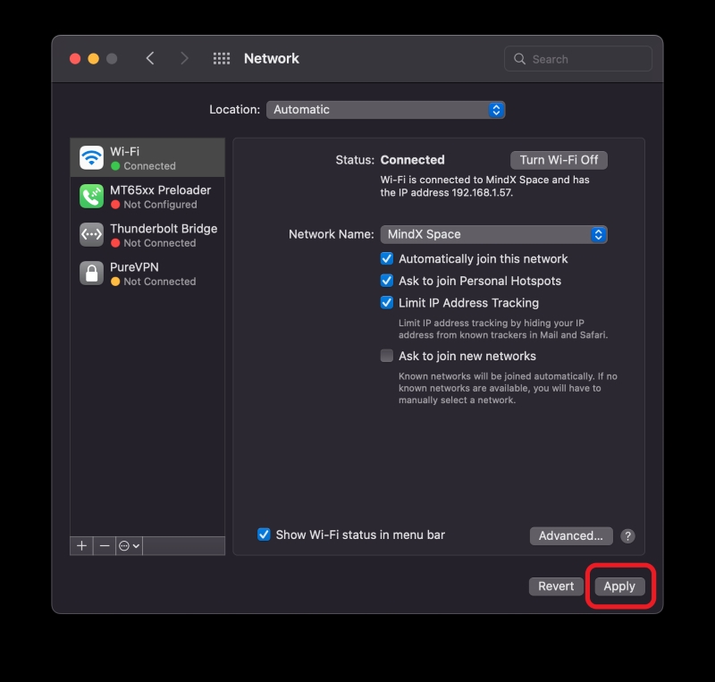 select Apply to finish setting up the proxy server on the Macbook