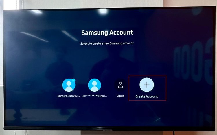 select Create Account on Samsung Menu