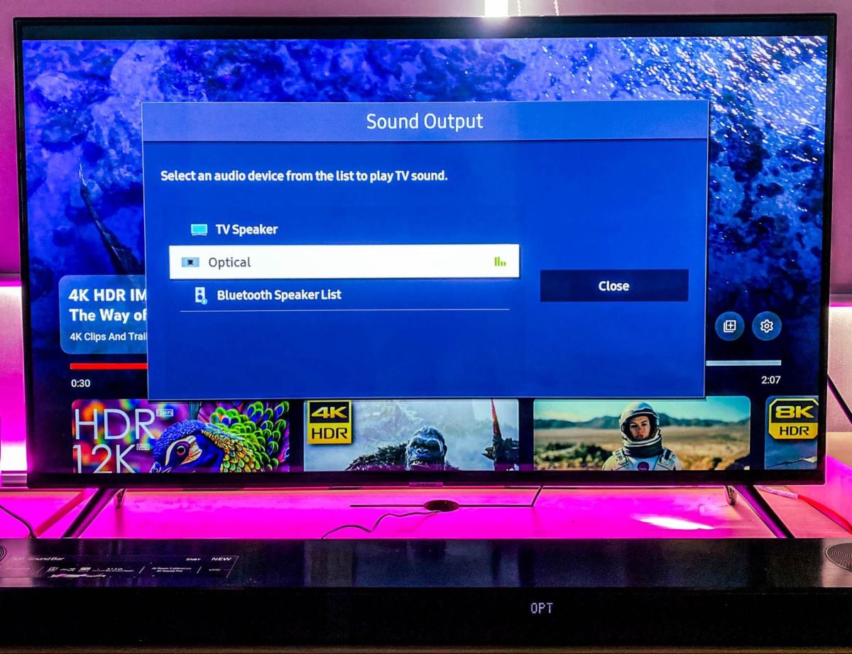select Optical as the Sound Output for Samsung TV