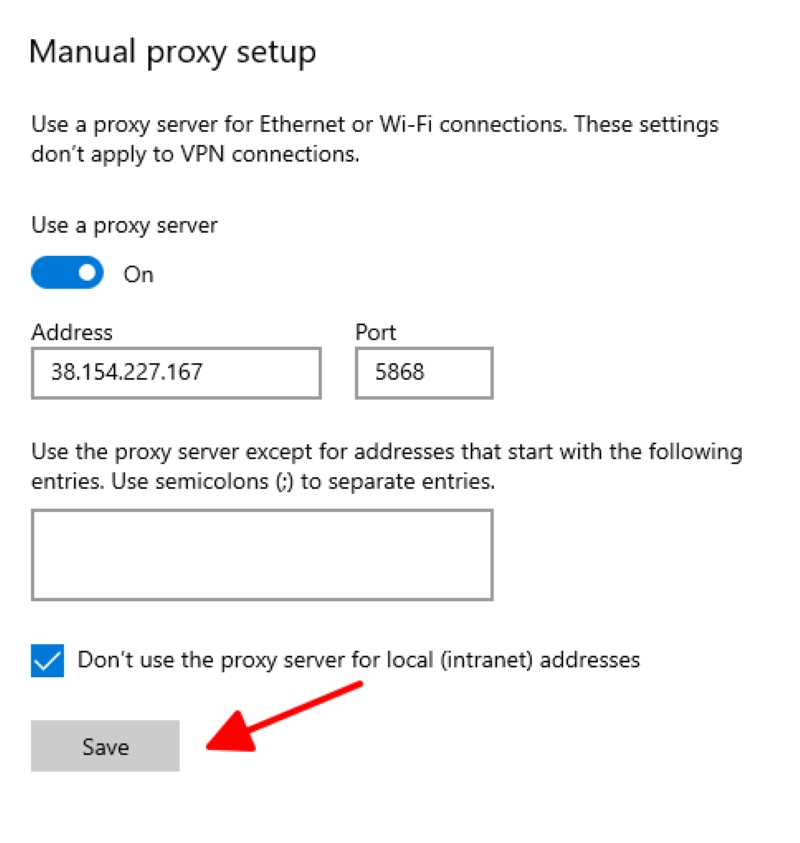 select Save to finish setting up a proxy server on a Windows PC