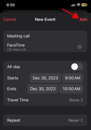 select the Add button to finish adding a New Event on the iPhone