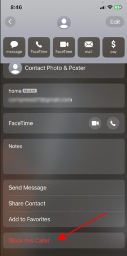select the Block This Caller option in the iPhone contact settings