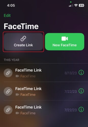 select the Create Link button on the FaceTime app
