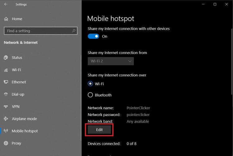 select the Edit option of Mobile Hotspot