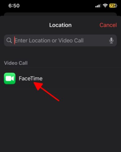 select the FaceTime call option for Calendar New Event location on the iPhone screen