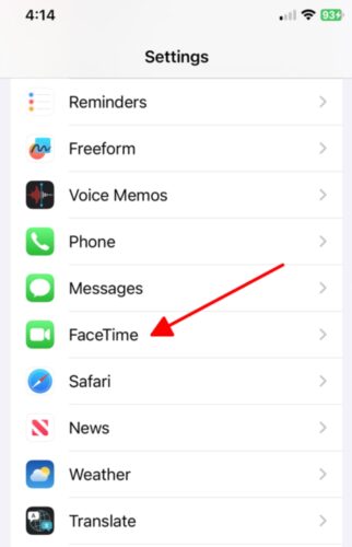 select the FaceTime icon in the iPhone Settings menu