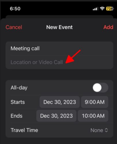 select the Location or Video Call option in the iPhone New Event setup screen