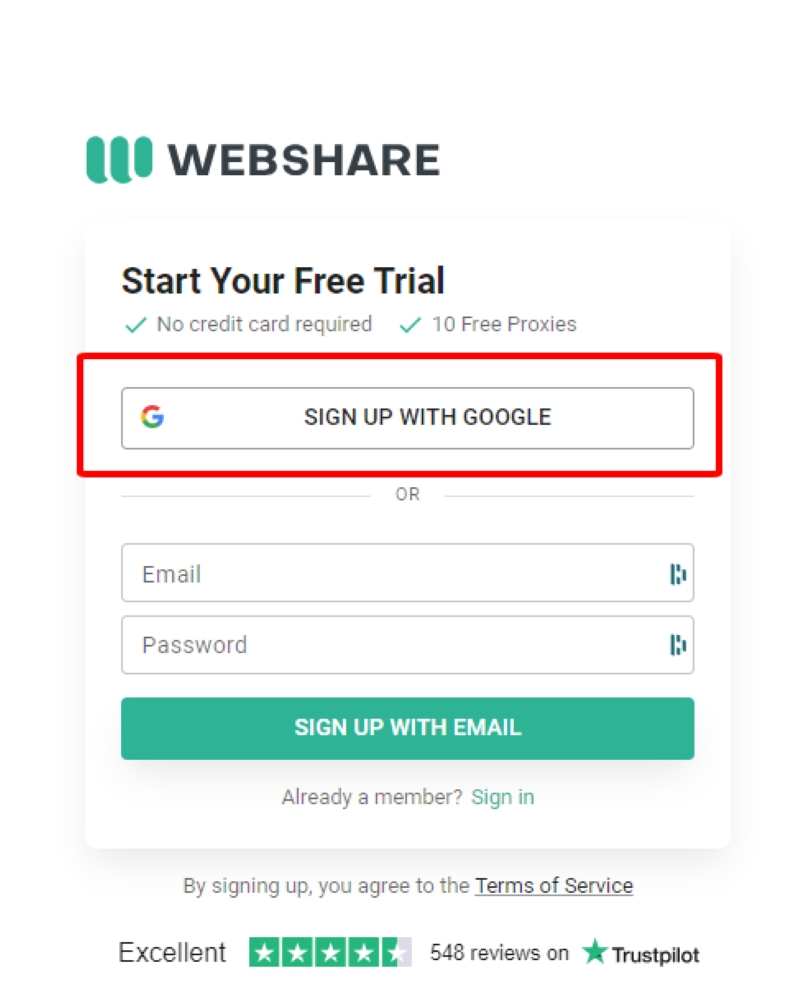 select the Sign Up with Google to register a Webshare account