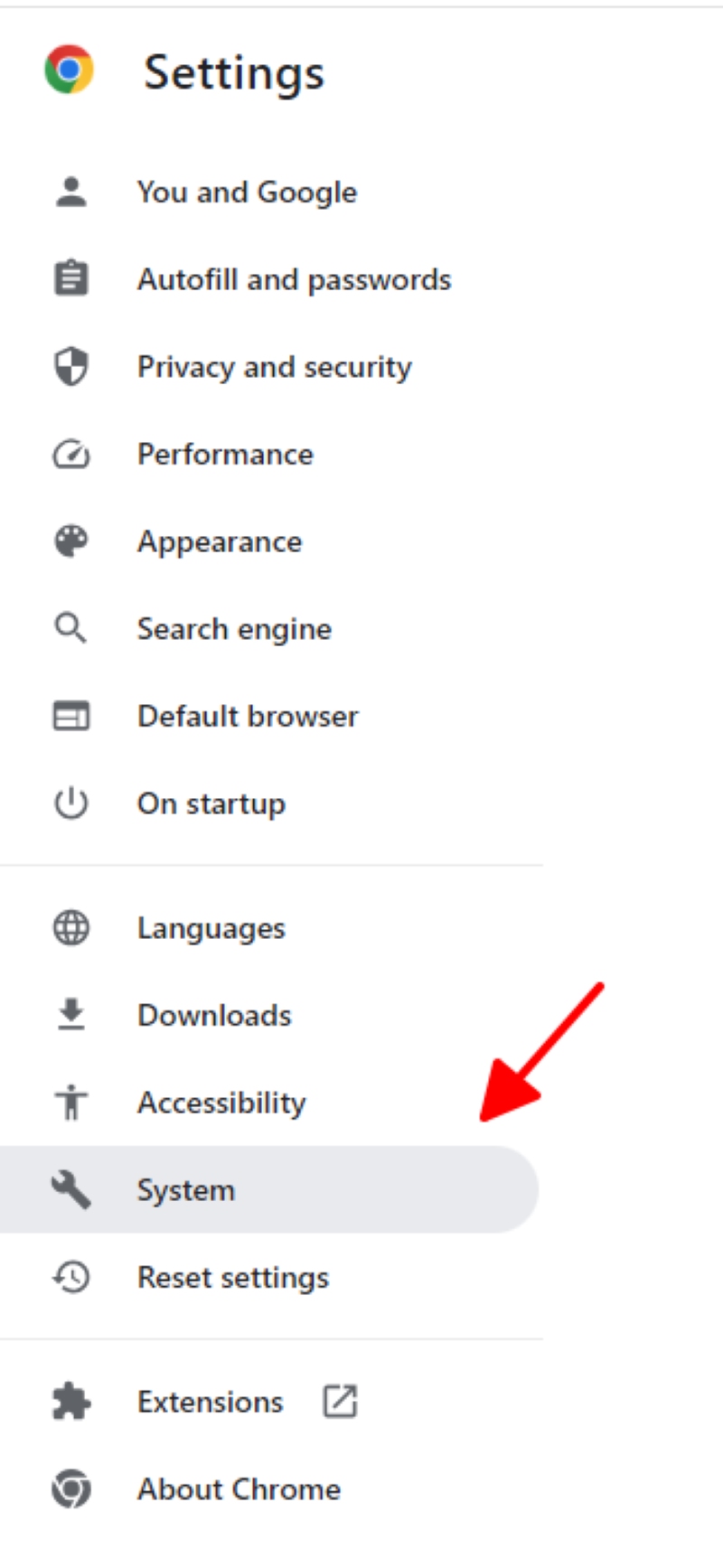 select the System setting of the Chrome browser
