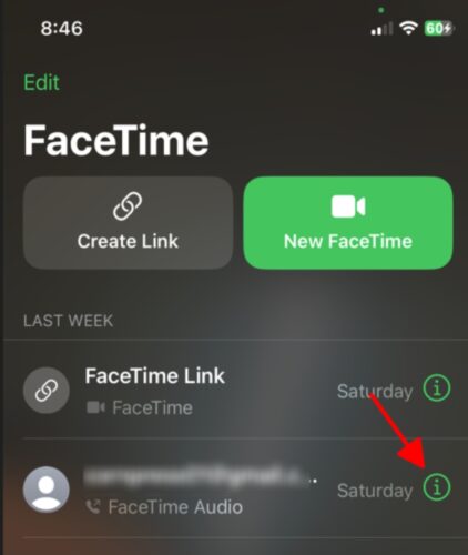 select the information button of a contact on the FaceTime screen