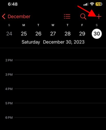 select the plus button to add a new event on the iPhone Calendar app