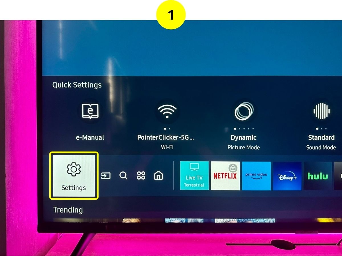step 1 - press the home button then go to settings on a samsung tv
