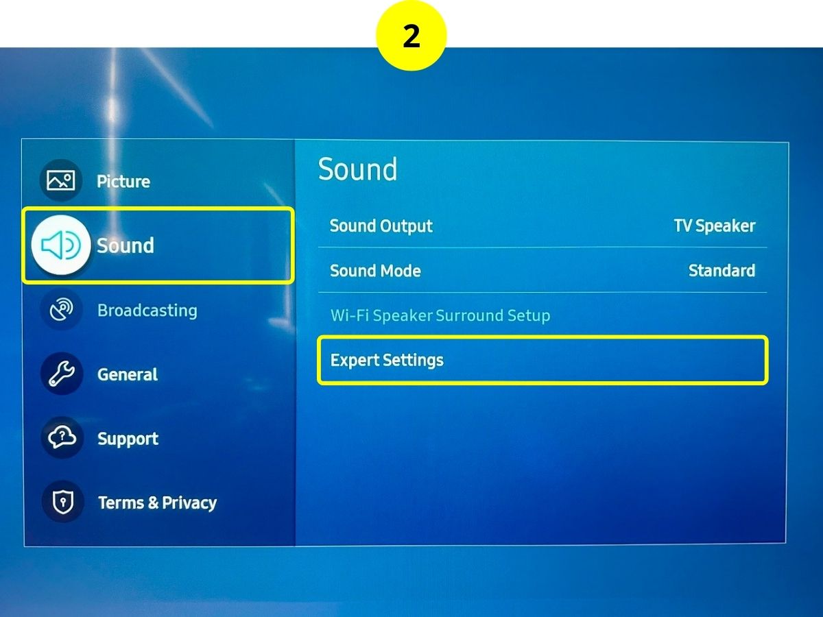 step 2 - go to sound then expert settings on a samsung tv