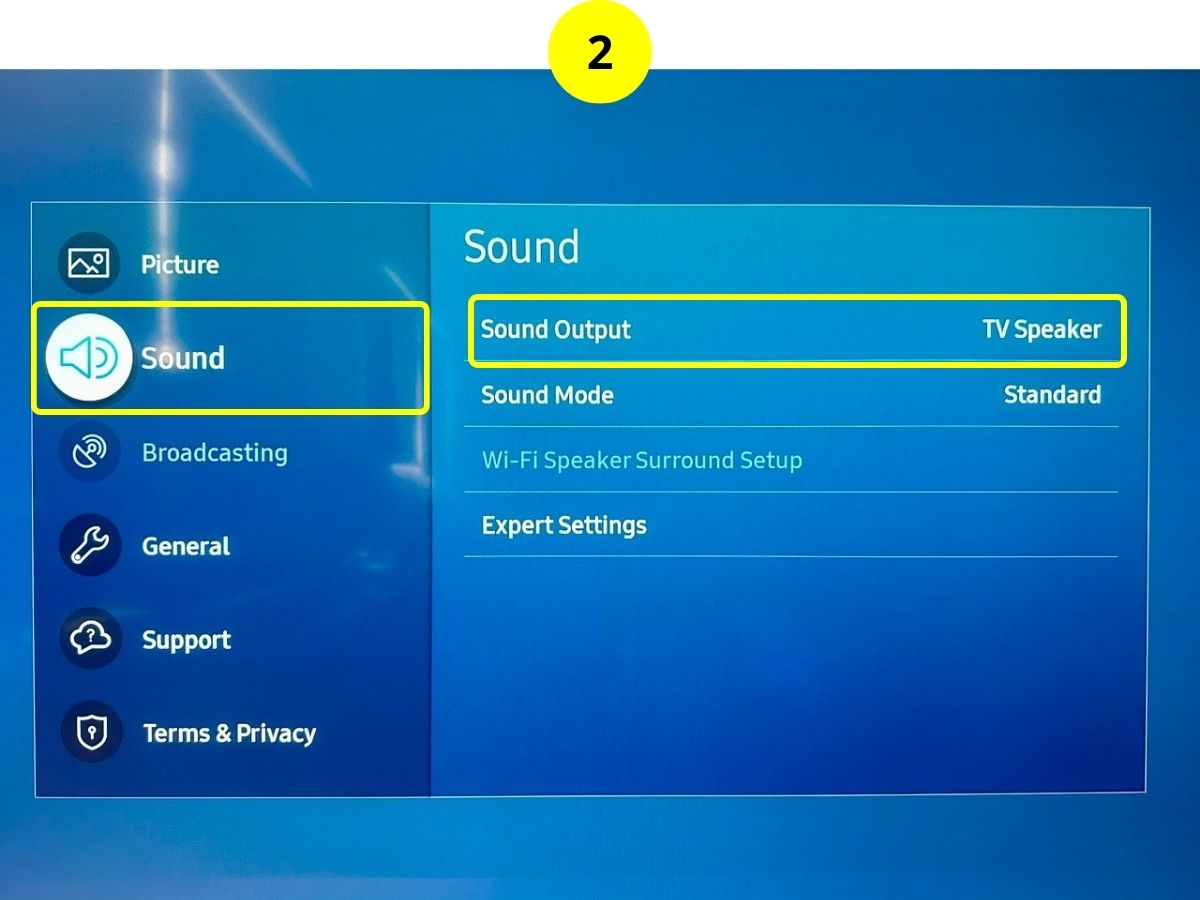 step 2 - go to sound then sound output on a samsung tv