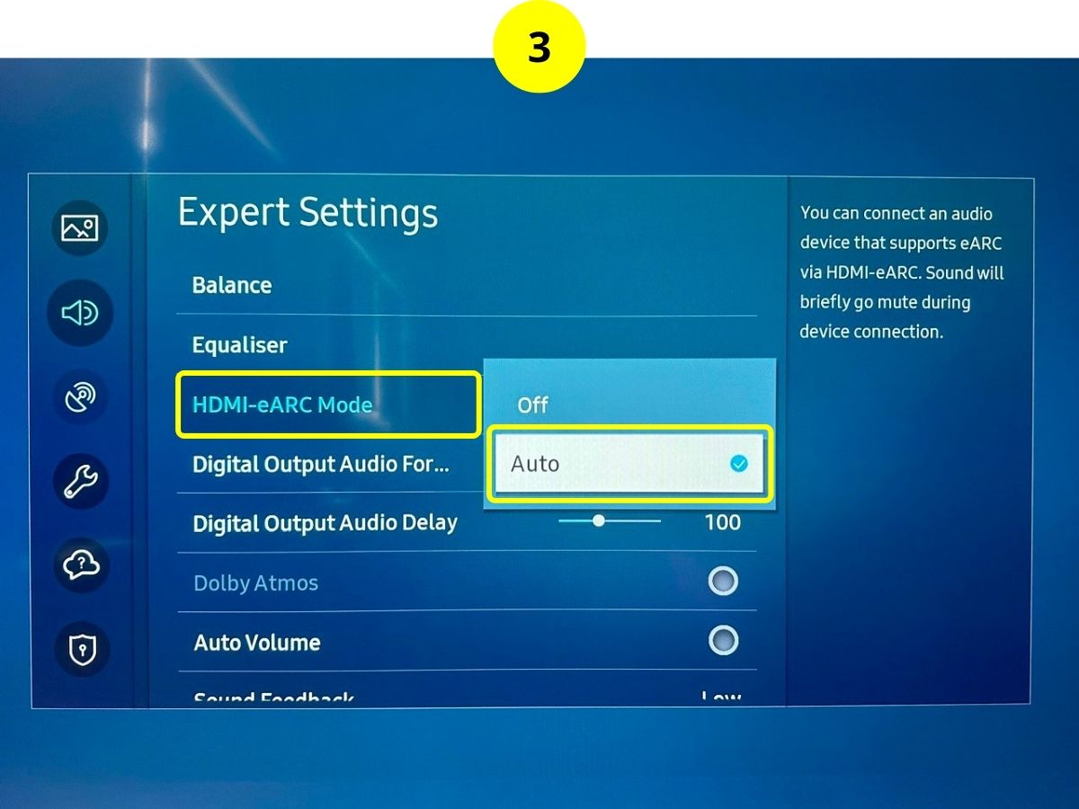 step 3 - select hdmi-earc mode and switch to auto on a samsung tv