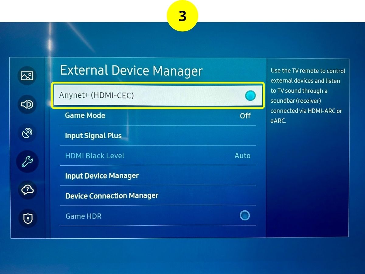 step 3 - toggle on anynet+ hdmi-cec on a samsung tv