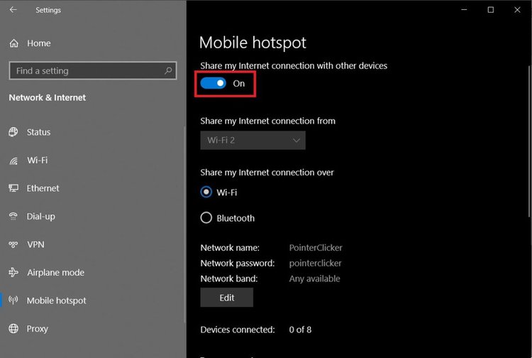 switch on the Mobile Hotspot option
