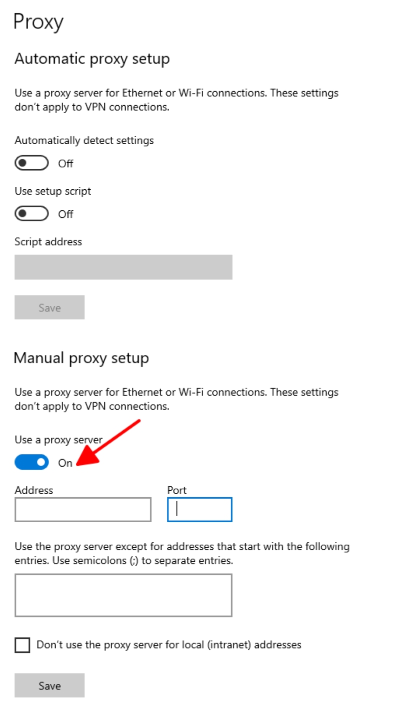turn on the Use a proxy server in Windows PC Proxy setting