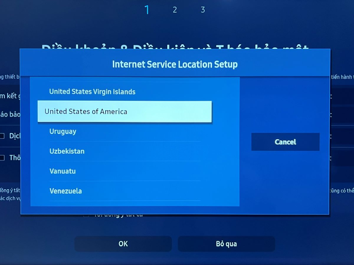 united states of america option is highlighted on a samsung tv