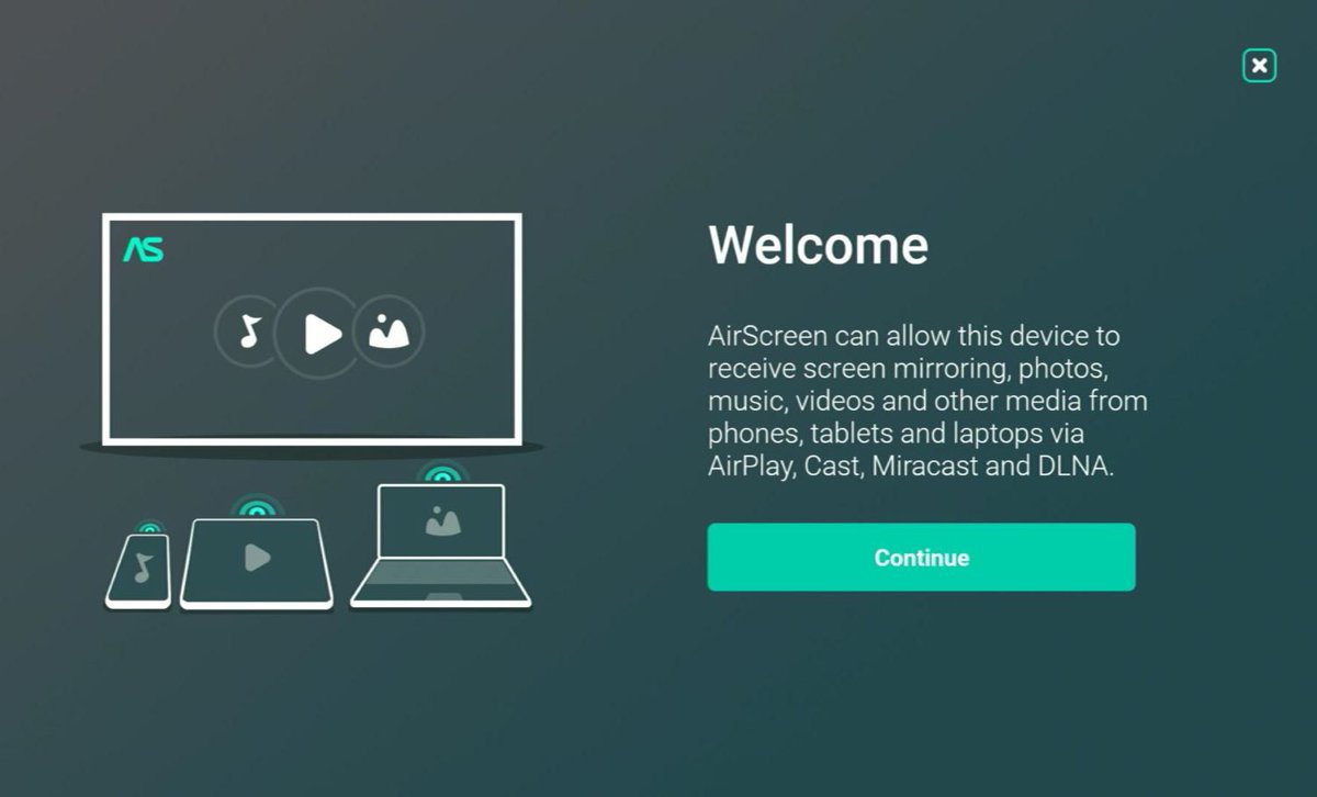 welcome screen of airscreen app on a fire tv stick