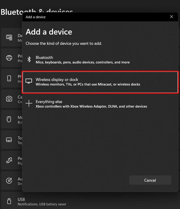 wireless display or dock option is highlighted in the Add a device menu on a laptop