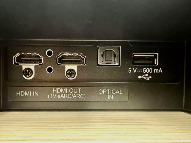 An LG soundbar's connection ports