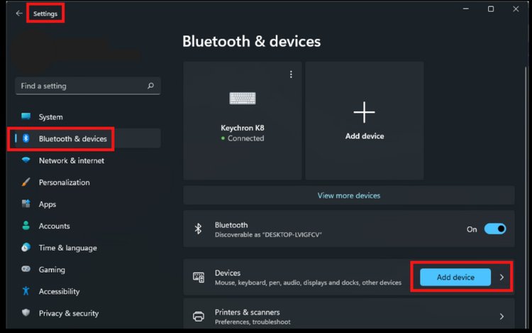Choose Add device in Bluetooth and devices settings