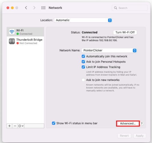 Click on Advanced in Network settings