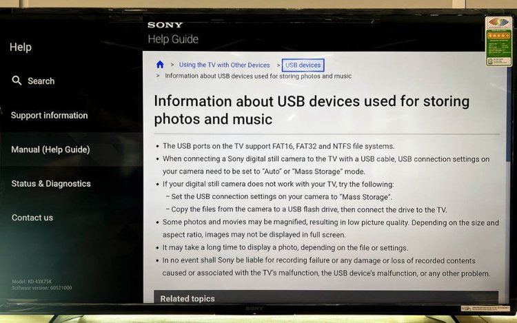 Information about USB devices used for storing photos and music of a Sony TV