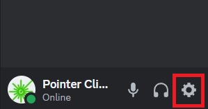 Pointer Clicker Discord account with the gear icon is highlighted with a red box