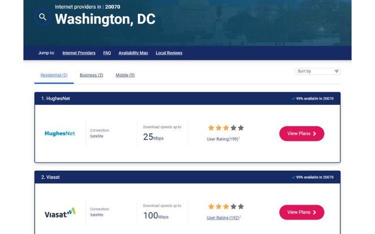 Residential plan results for ISP search in Washington DC