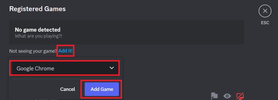 The Google Chrome is being selected from the Registered Games on Discord